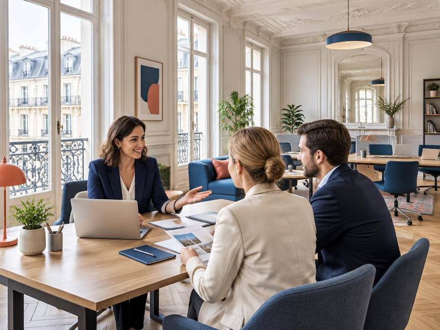 Expert flex office accompagnant des professionnels dans un bureau haussmannien à Paris
